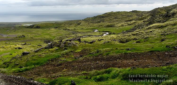 Verde paisaje islandés con el Mar del Norte al fondo Verdores y mares