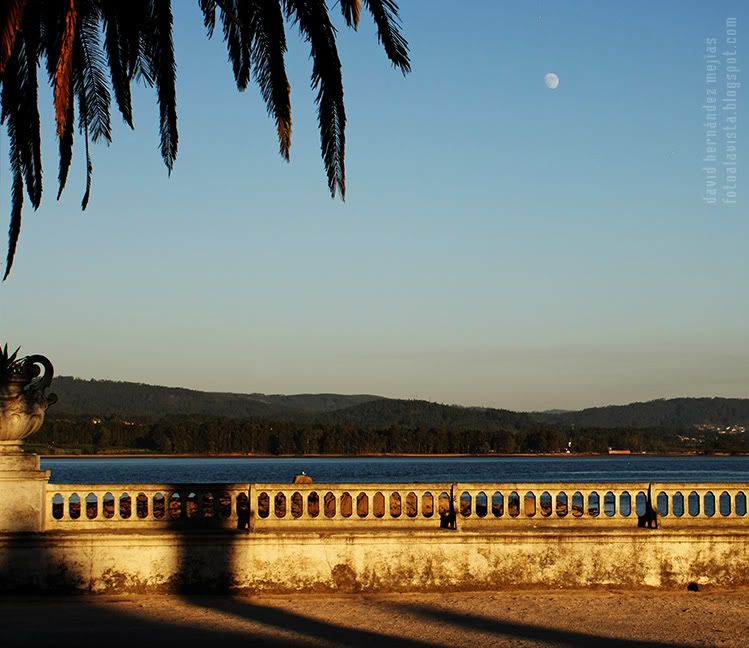 Atardecer con luna en La Toja Paseo con balaustrada al mar, palmera y luna al atardecer en la isla de La Toja, Pontevedra, Galicia