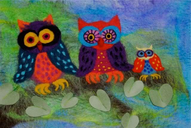 Owls sitting on a branch... felted wall hanging...... for your HC$